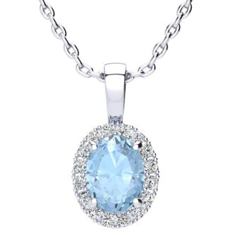 Aquamarine Necklace: Aquamarine Jewelry: 1 1/3 Carat Oval Shape Aquamarine and Halo Diamond Necklace In 14 Karat White Gold With 18 Inch Chain