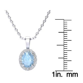 Aquamarine Necklace: Aquamarine Jewelry: 1 1/3 Carat Oval Shape Aquamarine and Halo Diamond Necklace In 14 Karat White Gold With 18 Inch Chain