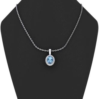 Aquamarine Necklace: Aquamarine Jewelry: 1 1/3 Carat Oval Shape Aquamarine and Halo Diamond Necklace In 14 Karat White Gold With 18 Inch Chain
