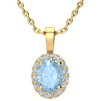 Aquamarine Necklace: Aquamarine Jewelry: 1 1/3 Carat Oval Shape Aquamarine and Halo Diamond Necklace In 14 Karat Yellow Gold With 18 Inch Chain