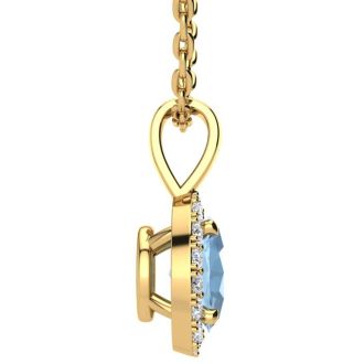 Aquamarine Necklace: Aquamarine Jewelry: 1 1/3 Carat Oval Shape Aquamarine and Halo Diamond Necklace In 14 Karat Yellow Gold With 18 Inch Chain