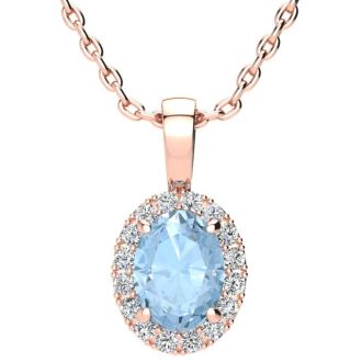 Aquamarine Necklace: Aquamarine Jewelry: 1 1/3 Carat Oval Shape Aquamarine and Halo Diamond Necklace In 14 Karat Rose Gold With 18 Inch Chain
