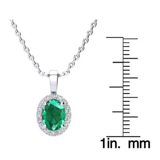 1-1/3 Carat Oval Shape Emerald Necklaces With Diamond Halo In 14 Karat White Gold, 18 Inch Chain