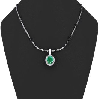 1-1/3 Carat Oval Shape Emerald Necklaces With Diamond Halo In 14 Karat White Gold, 18 Inch Chain