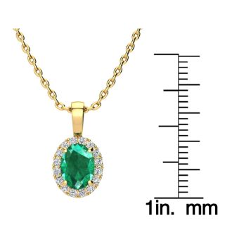 1-1/3 Carat Oval Shape Emerald Necklaces With Diamond Halo In 14 Karat Yellow Gold, 18 Inch Chain