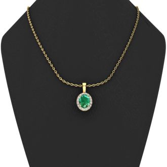 1-1/3 Carat Oval Shape Emerald Necklaces With Diamond Halo In 14 Karat Yellow Gold, 18 Inch Chain