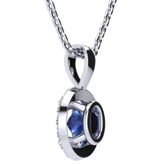 1 1/2 Carat Oval Shape Tanzanite and Halo Diamond Necklace In 14 Karat White Gold With 18 Inch Chain