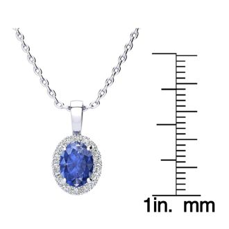 1 1/2 Carat Oval Shape Tanzanite and Halo Diamond Necklace In 14 Karat White Gold With 18 Inch Chain
