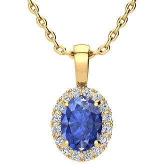 1 1/2 Carat Oval Shape Tanzanite and Halo Diamond Necklace In 14 Karat Yellow Gold With 18 Inch Chain