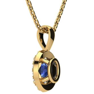 1 1/2 Carat Oval Shape Tanzanite and Halo Diamond Necklace In 14 Karat Yellow Gold With 18 Inch Chain