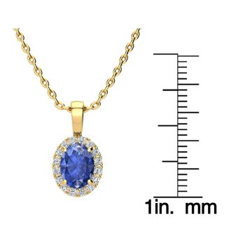 1 1/2 Carat Oval Shape Tanzanite and Halo Diamond Necklace In 14 Karat Yellow Gold With 18 Inch Chain
