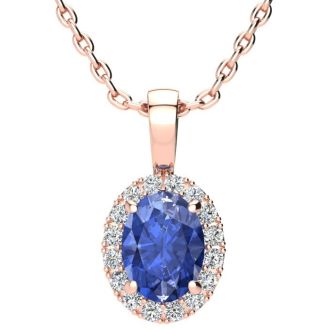 1 1/2 Carat Oval Shape Tanzanite and Halo Diamond Necklace In 14 Karat Rose Gold With 18 Inch Chain