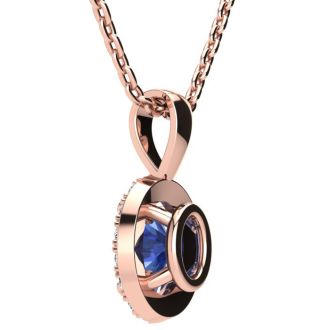 1 1/2 Carat Oval Shape Tanzanite and Halo Diamond Necklace In 14 Karat Rose Gold With 18 Inch Chain
