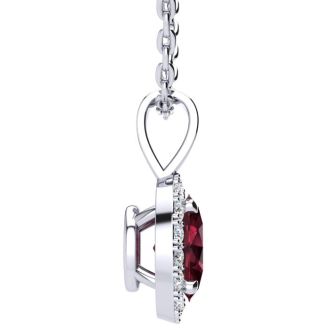 Garnet Necklace: Garnet Jewelry: 1 1/2 Carat Oval Shape Garnet and Halo Diamond Necklace In 14 Karat White Gold With 18 Inch Chain