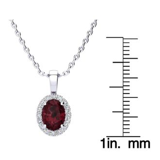 Garnet Necklace: Garnet Jewelry: 1 1/2 Carat Oval Shape Garnet and Halo Diamond Necklace In 14 Karat White Gold With 18 Inch Chain
