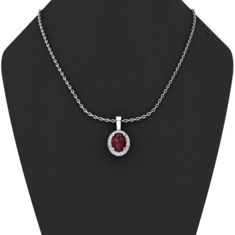 Garnet Necklace: Garnet Jewelry: 1 1/2 Carat Oval Shape Garnet and Halo Diamond Necklace In 14 Karat White Gold With 18 Inch Chain