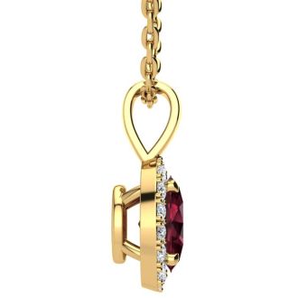 Garnet Necklace: Garnet Jewelry: 1 1/2 Carat Oval Shape Garnet and Halo Diamond Necklace In 14 Karat Yellow Gold With 18 Inch Chain