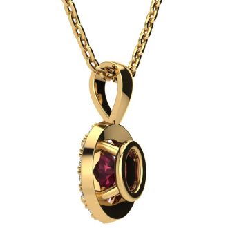 Garnet Necklace: Garnet Jewelry: 1 1/2 Carat Oval Shape Garnet and Halo Diamond Necklace In 14 Karat Yellow Gold With 18 Inch Chain