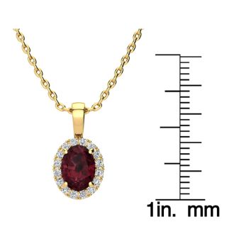 Garnet Necklace: Garnet Jewelry: 1 1/2 Carat Oval Shape Garnet and Halo Diamond Necklace In 14 Karat Yellow Gold With 18 Inch Chain