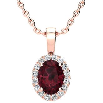 Garnet Necklace: Garnet Jewelry: 1 1/2 Carat Oval Shape Garnet and Halo Diamond Necklace In 14 Karat Rose Gold With 18 Inch Chain