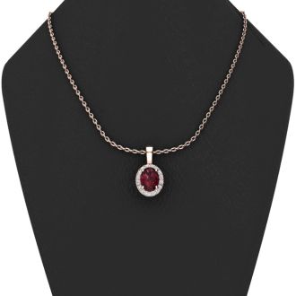 Garnet Necklace: Garnet Jewelry: 1 1/2 Carat Oval Shape Garnet and Halo Diamond Necklace In 14 Karat Rose Gold With 18 Inch Chain