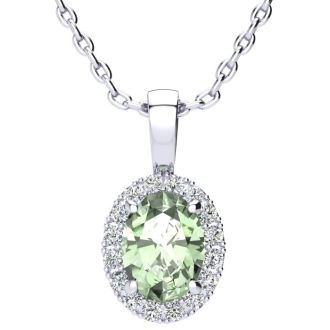 1 1/4 Carat Oval Shape Green Amethyst and Halo Diamond Necklace In 14 Karat White Gold With 18 Inch Chain
