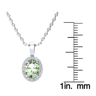 1 1/4 Carat Oval Shape Green Amethyst and Halo Diamond Necklace In 14 Karat White Gold With 18 Inch Chain