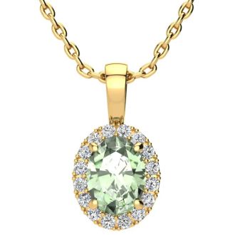 1 1/4 Carat Oval Shape Green Amethyst and Halo Diamond Necklace In 14 Karat Yellow Gold With 18 Inch Chain