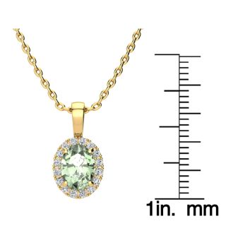 1 1/4 Carat Oval Shape Green Amethyst and Halo Diamond Necklace In 14 Karat Yellow Gold With 18 Inch Chain