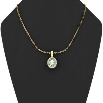1 1/4 Carat Oval Shape Green Amethyst and Halo Diamond Necklace In 14 Karat Yellow Gold With 18 Inch Chain