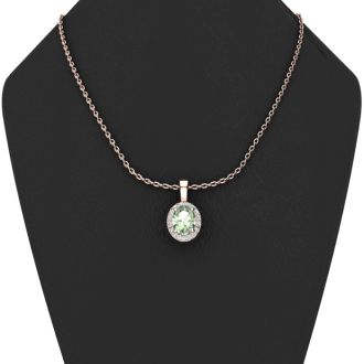 1 1/4 Carat Oval Shape Green Amethyst and Halo Diamond Necklace In 14 Karat Rose Gold With 18 Inch Chain