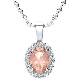 1-1/3 Carat Oval Shape Morganite Necklace with Diamond Halo In 14 Karat White Gold With 18 Inch Chain