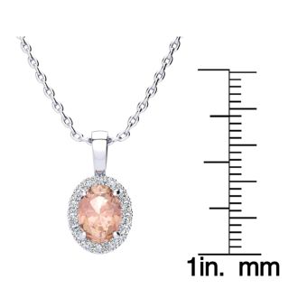 1 1/3 Carat Oval Shape Morganite and Halo Diamond Necklace In 14 Karat White Gold With 18 Inch Chain