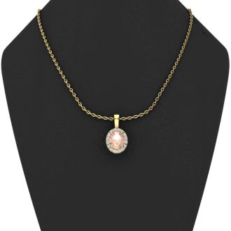 1-1/3 Carat Oval Shape Morganite Necklace with Diamond Halo In 14 Karat Yellow Gold With 18 Inch Chain