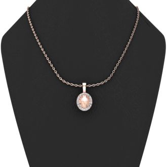 1-1/3 Carat Oval Shape Morganite Necklace with Diamond Halo In 14 Karat Rose Gold With 18 Inch Chain