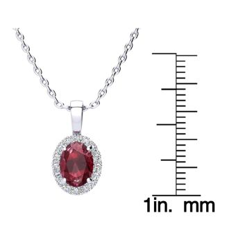 1 2/3 Carat Oval Shape Ruby and Halo Diamond Necklace In 14 Karat White Gold With 18 Inch Chain