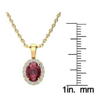 1 2/3 Carat Oval Shape Ruby and Halo Diamond Necklace In 14 Karat Yellow Gold With 18 Inch Chain