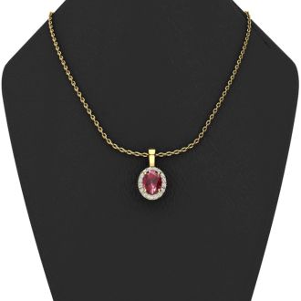 1 2/3 Carat Oval Shape Ruby and Halo Diamond Necklace In 14 Karat Yellow Gold With 18 Inch Chain
