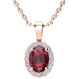 1 2/3 Carat Oval Shape Ruby and Halo Diamond Necklace In 14 Karat Rose Gold With 18 Inch Chain
