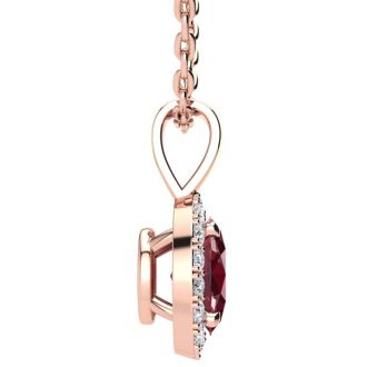 1 2/3 Carat Oval Shape Ruby and Halo Diamond Necklace In 14 Karat Rose Gold With 18 Inch Chain
