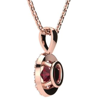 1 2/3 Carat Oval Shape Ruby and Halo Diamond Necklace In 14 Karat Rose Gold With 18 Inch Chain