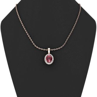1 2/3 Carat Oval Shape Ruby and Halo Diamond Necklace In 14 Karat Rose Gold With 18 Inch Chain