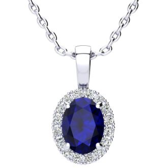 1 3/4 Carat Oval Shape Sapphire and Halo Diamond Necklace In 14 Karat White Gold With 18 Inch Chain