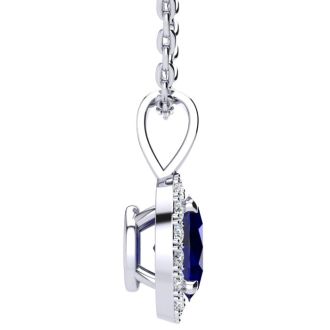 1 3/4 Carat Oval Shape Sapphire and Halo Diamond Necklace In 14 Karat White Gold With 18 Inch Chain