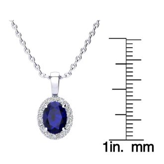 1 3/4 Carat Oval Shape Sapphire and Halo Diamond Necklace In 14 Karat White Gold With 18 Inch Chain