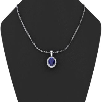 1 3/4 Carat Oval Shape Sapphire and Halo Diamond Necklace In 14 Karat White Gold With 18 Inch Chain