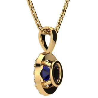 1 3/4 Carat Oval Shape Sapphire and Halo Diamond Necklace In 14 Karat Yellow Gold With 18 Inch Chain