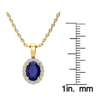 1 3/4 Carat Oval Shape Sapphire and Halo Diamond Necklace In 14 Karat Yellow Gold With 18 Inch Chain