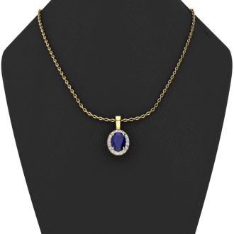1 3/4 Carat Oval Shape Sapphire and Halo Diamond Necklace In 14 Karat Yellow Gold With 18 Inch Chain