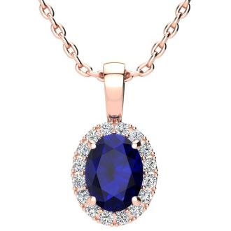 1 3/4 Carat Oval Shape Sapphire and Halo Diamond Necklace In 14 Karat Rose Gold With 18 Inch Chain
